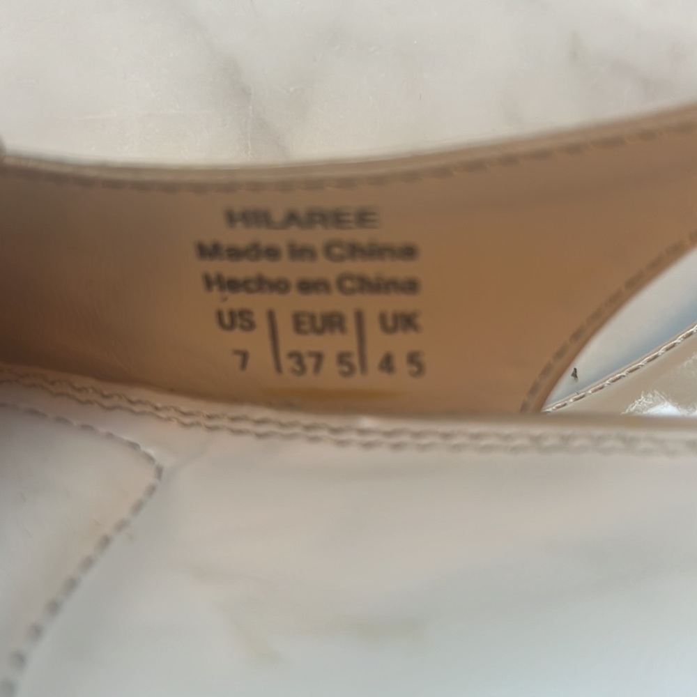 Tan, patent faux leather pumps with 1” kitten heel. Worn once. In box size 7. - Picture 5 of 8